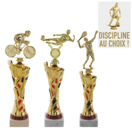 Petit trophée plastique or/rouge toutes disciplines H.26 24 22 cm Ref.TP5422